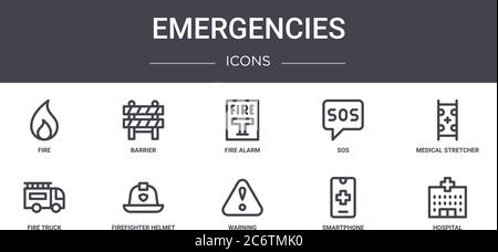 emergencies concept line icons set. contains icons usable for web, logo, ui/ux such as barrier, sos, fire truck, warning, smartphone, hospital, medica Stock Vector