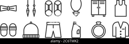 12 set of linear fashion icons. thin outline icons such as suit, detergent, beanie, drawer, shoes, earrings for web, mobile Stock Vector
