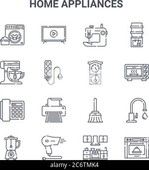set of 16 home appliances concept vector line icons. 64x64 thin stroke icons such as smart tv, mixer, microwave, broom, hair dryer, stove, kitchen, wa Stock Vector