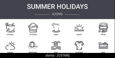 summer holidays concept line icons set. contains icons usable for web, logo, ui/ux such as ice cream, sunset, cloudy, pool, clothing, boat, diving, dr Stock Vector