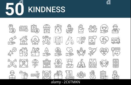 set of 50 kindness icons. outline thin line icons such as donors, praying, crowdfunding, megaphone, generous, payment, heart Stock Vector