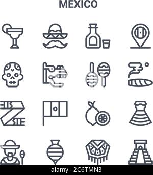 set of 16 mexico concept vector line icons. 64x64 thin stroke icons such as mexican hat, skull, cigar, lime, spinning top, chichen itza pyramid, ponch Stock Vector