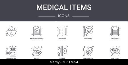 medical items concept line icons set. contains icons usable for web, logo, ui/ux such as medical report, hospital, no smoking, kidney, health care, ey Stock Vector