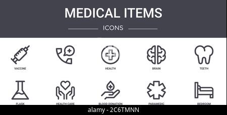 medical items concept line icons set. contains icons usable for web, logo, ui/ux such as , brain, flask, blood donation, paramedic, bedroom, teeth, he Stock Vector
