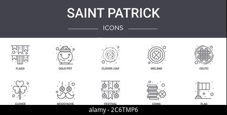 saint patrick concept line icons set. contains icons usable for web, logo, ui/ux such as gold pot, ireland, clover, festival, coins, flag, celtic, clo Stock Vector