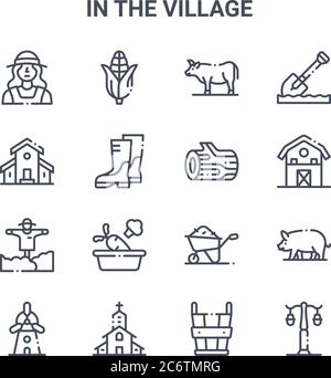 set of 16 in the village concept vector line icons. 64x64 thin stroke icons such as corn, cottage, barn, wheelbarrow, church, street lamp, bucket, woo Stock Vector