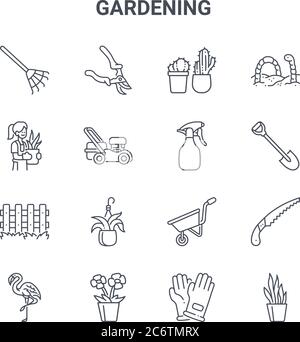 set of 16 gardening concept vector line icons. 64x64 thin stroke icons such as pruning shears, gardener, digging, wheelbarrow, flower, snake plant, ha Stock Vector