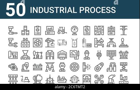 set of 50 industrial process icons. outline thin line icons such as waste water, conveyor, engine, plan, industrial robot, oil barrel, voltmeter Stock Vector