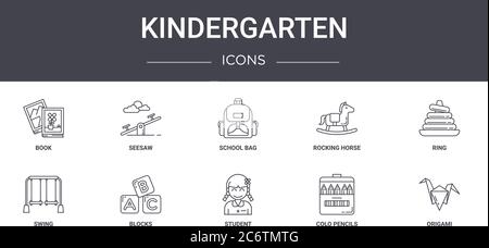 kindergarten concept line icons set. contains icons usable for web, logo, ui/ux such as seesaw, rocking horse, swing, student, colo pencils, origami, Stock Vector