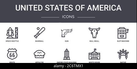 united states of america concept line icons set. contains icons usable for web, logo, ui/ux such as baseball, bull skull, route, empire state building Stock Vector