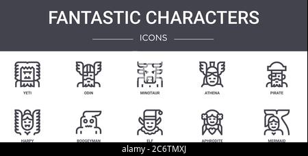 fantastic characters concept line icons set. contains icons usable for web, logo, ui/ux such as odin, athena, harpy, elf, aphrodite, mermaid, pirate, Stock Vector