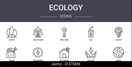 ecology concept line icons set. contains icons usable for web, logo, ui/ux such as wind power, bin, stump, eco house, ecology, earth, energy, test tub Stock Vector