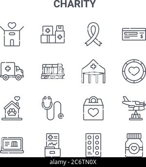 set of 16 charity concept vector line icons. 64x64 thin stroke icons such as healthcare, ambulance, donation, money box, report, medicine, pills, tent Stock Vector