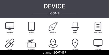 device concept line icons set. contains icons usable for web, logo, ui/ux such as phone, scan, chain, gps, location, monitor, document, compass Stock Vector