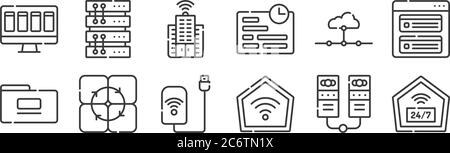 12 set of linear telecommuting icons. thin outline icons such as home, telecommuting, online, network, online, server for web, mobile Stock Vector