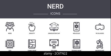 nerd concept line icons set. contains icons usable for web, logo, ui/ux such as gravity, molecule, cpu, diploma, science book, microscope, vr glasses, Stock Vector