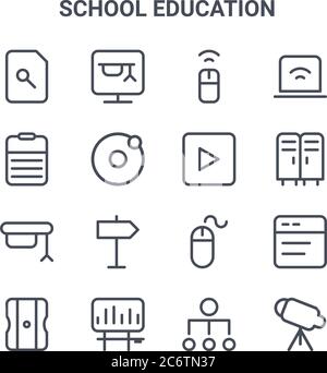 set of 16 school education concept vector line icons. 64x64 thin stroke icons such as online course, report, lockers, mouse, statistic, telescope, hie Stock Vector