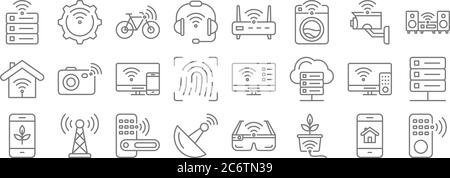 internet of things line icons. linear set. quality vector line set such as remote control, smart farm, antenna, smartphone, smart tv, smart tv, hifi, Stock Vector