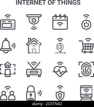 set of 16 internet of things concept vector line icons. 64x64 thin stroke icons such as cctv, bell, shopping cart, heartbeat, smart lock, train, shiel Stock Vector