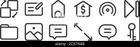 12 set of linear interface icons. thin outline icons such as key, fullscreen, gallery, network, menu, mail for web, mobile Stock Vector