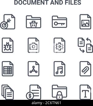 set of 16 document and files concept vector line icons. 64x64 thin stroke icons such as folder, bug, transfer, music, file, font, folder, settings, pi Stock Vector