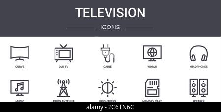 television concept line icons set. contains icons usable for web, logo, ui/ux such as old tv, world, music, brightness, memory card, speaker, headphon Stock Vector