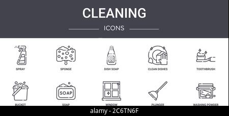 cleaning concept line icons set. contains icons usable for web, logo, ui/ux such as sponge, clean dishes, bucket, window, plunger, washing powder, too Stock Vector