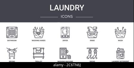 laundry concept line icons set. contains icons usable for web, logo, ui/ux such as washing hands, rinse, drying, washing machine, socks, laundry deter Stock Vector