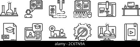 12 set of linear elearning icons. thin outline icons such as ebook, sketch, online learning, online education, elearning, audio book for web, mobile Stock Vector