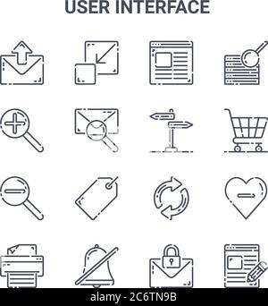 set of 16 user interface concept vector line icons. 64x64 thin stroke icons such as exit full screen, zoom in, cart, refresh, mute, blog, email, direc Stock Vector