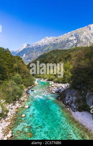 Turquoise Soča river Slovenia mountains alps Stock Photo