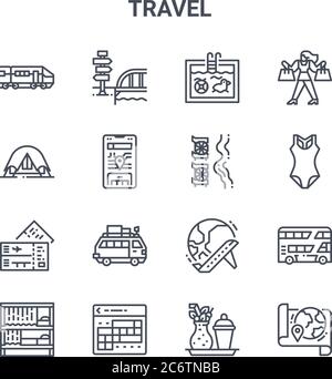 set of 16 travel concept vector line icons. 64x64 thin stroke icons such as , camping, swimsuits, travelling, calendar, map, cocktail, beach, shopping Stock Vector