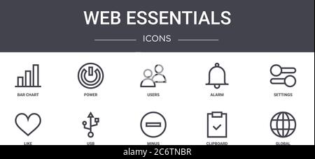 web essentials concept line icons set. contains icons usable for web, logo, ui/ux such as power, alarm, like, minus, clipboard, global, settings, user Stock Vector