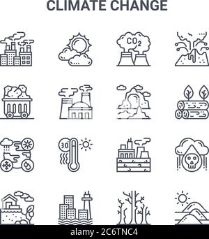set of 16 climate change concept vector line icons. 64x64 thin stroke icons such as sun, coal, deforestation, fossil fuels, sea level, desert, dead tr Stock Vector