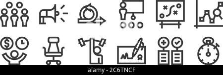 12 set of linear management icons. thin outline icons such as stopwatch, agreement, office chair, strategy, agile, megaphone for web, mobile Stock Vector