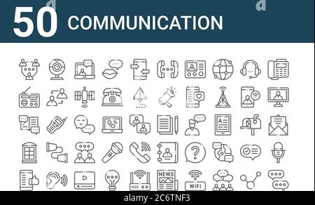 set of 50 communication icons. outline thin line icons such as message, like, phone booth, book, radio, webcam, write, conversation, chat box, contact Stock Vector
