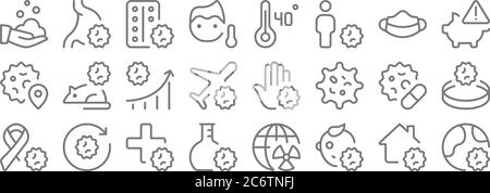 coronavirus line icons. linear set. quality vector line set such as outbreak, baby, flask, ribbon, pills, graph, alert, celsius, stomachache Stock Vector