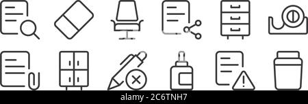 12 set of linear work office supply icons. thin outline icons such as container, ink cartridge, cabinet, file cabinet, chair, eraser for web, mobile Stock Vector
