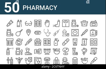 set of 50 pharmacy icons. outline thin line icons such as pipette, ear dropper, spray, cotton buds, capsules, toothpaste, hand sanitizer Stock Vector