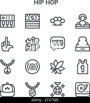 set of 16 hip hop concept vector line icons. 64x64 thin stroke icons such as money, middle finger, hip hop, marijuana, necklace, turntable, , yo, dj Stock Vector