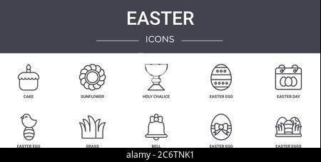 easter concept line icons set. contains icons usable for web, logo, ui/ux such as sunflower, easter egg, easter egg, bell, egg, eggs, day, holy chalic Stock Vector
