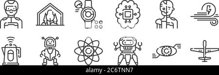 12 set of linear technology of the future icons. thin outline icons such as uav, robot, robot, cyborg, smartwatch, dome for web, mobile Stock Vector
