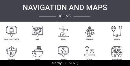 navigation and maps concept line icons set. contains icons usable for web, logo, ui/ux such as map, sextant, highway, church, route, navigation, broke Stock Vector