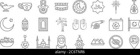 ramadan line icons. linear set. quality vector line set such as location, samsa, woman, dates, ramadan, carpet, oud, clock, teacup Stock Vector