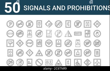 set of 50 signals and prohibitions icons. outline thin line icons such as airport, no cit card, hospital, radar, forbidden, no smoking, camping Stock Vector