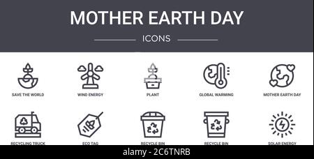 mother earth day concept line icons set. contains icons usable for web, logo, ui/ux such as wind energy, global warming, recycling truck, recycle bin, Stock Vector