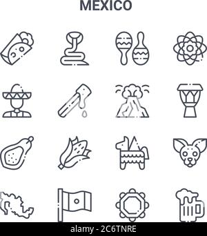set of 16 mexico concept vector line icons. 64x64 thin stroke icons such as snake, mariachi, drum, pi?ata, mexico, beer mug, jarocho, popocatepelt, da Stock Vector