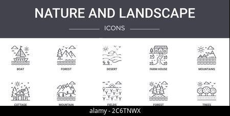 nature and landscape concept line icons set. contains icons usable for web, logo, ui/ux such as forest, farm house, cottage, fields, forest, trees, mo Stock Vector