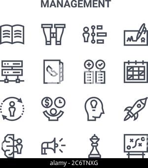 set of 16 management concept vector line icons. 64x64 thin stroke icons such as binoculars, hosting, schedule, creative, megaphone, strategy, strategy Stock Vector