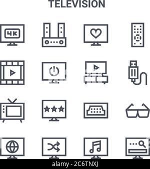 set of 16 television concept vector line icons. 64x64 thin stroke icons such as sound bar, movie film, usb cable, hdmi port, shuffle, searching, music Stock Vector